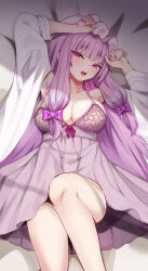 Rule 34 | 1girl, absurdres, arms up, bed, blunt bangs, bow, bra, breasts, commentary, hair bow, hat, highres, large breasts, lingerie, long hair, looking at viewer, lying, mob cap, on back, open mouth, patchouli knowledge, purple bow, purple eyes, purple hair, purple skirt, ritseya, shadow, shirt, skirt, solo, touhou, underwear, very long hair, white shirt