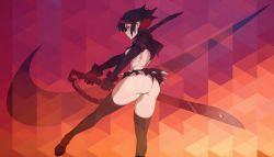 Rule 34 | 1girl, ass, back, black hair, black panties, black skirt, black thighhighs, blue eyes, breasts, commentary, english commentary, foot out of frame, gradient background, high heels, highres, holding, holding sword, holding weapon, hong doo, kill la kill, legs apart, looking at viewer, matoi ryuuko, medium breasts, microskirt, multicolored hair, nike (company), orange background, panties, patterned background, profile, puckered lips, red background, red footwear, red hair, revealing clothes, ribs, scissor blade (kill la kill), senketsu, short hair, skirt, solo, sword, thighhighs, thighs, thong, twisted torso, two-tone hair, underwear, v-shaped eyebrows, weapon