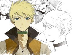 Rule 34 | 1boy, blonde hair, blue eyes, brown vest, choker, closed eyes, closed mouth, collarbone, commentary request, from side, green choker, guy cecil, highres, looking at viewer, male focus, meba, multiple views, parted lips, popped collar, profile, scared, shirt, short hair, spiked hair, sweatdrop, tales of (series), tales of the abyss, upper body, vest, white shirt