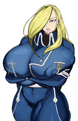 blonde_hair breasts covered_erect_nipples curvy fullmetal_alchemist gigantic_breasts highres huge_breasts huge_nipples kemp mature_female non-web_source olivier_mira_armstrong pink_lips thick_lips wide_hips