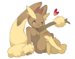Rule 34 | 1girl, alternate eye color, animal nose, arm support, arm up, blush, body fur, breasts, brown eyes, brown fur, creatures (company), female focus, full body, furry, furry female, game freak, gen 4 pokemon, heart, knees together feet apart, leg up, legs, light blush, looking at viewer, lopunny, nintendo, nose blush, outstretched arm, pokemon, pokemon (creature), puddingx2, rabbit ears, rabbit girl, simple background, sitting, small breasts, solo, two-tone fur, white background, yellow fur
