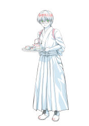 Rule 34 | 1boy, boots, chamisuke, cross-laced footwear, cup, glasses, hair between eyes, hakama, hakama skirt, hands up, highres, hikaru no go, holding, holding tray, japanese clothes, kimono, lace-up boots, looking at viewer, male focus, monochrome, rectangular eyewear, simple background, skirt, smile, solo, spot color, standing, tasuki, teapot, tray, tsutsui kimihiro, waiter, wide sleeves