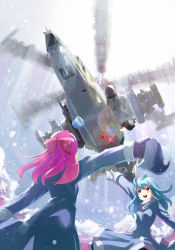 Rule 34 | 2girls, aircraft, blue hair, bow, from below, hair bow, hair ribbon, hat, unworn hat, unworn headwear, helicopter, highres, holding, holding hat, long hair, mittens, motion blur, multiple girls, open mouth, original, outstretched arms, pink hair, red eyes, ribbon, rinz, scarf, smile, snow, spread arms, star (symbol), waving, wind