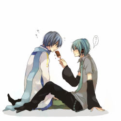 Rule 34 | 2boys, blue hair, blush, food, full body, gender request, genderswap, hatsune mikuo, headphones, ice cream, kaito (vocaloid), male focus, multiple boys, nail polish, necktie, pants, scarf, sitting, sweat, tongue, vocaloid