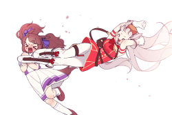 Rule 34 | &gt; &lt;, 2girls, :d, animal ears, blush, boots, brown hair, closed eyes, commentary request, crying, drop kick, flying kick, frilled skirt, frills, ggubii0225, gloves, gold ship (umamusume), grey hair, horse ears, horse girl, horse tail, kicking, knee boots, kneehighs, long hair, multiple girls, nose blush, open mouth, pants, pillbox hat, pleated skirt, school uniform, simple background, skirt, smile, socks, tail, tosen jordan (umamusume), tracen school uniform, twintails, umamusume, white background, white footwear, white gloves, white pants, white skirt, white socks