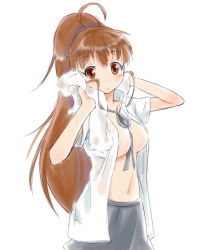 Rule 34 | 1girl, between breasts, breasts, brown eyes, brown hair, cowboy shot, looking at viewer, midriff, navel, no bra, open clothes, open shirt, sch, see-through, shirt, short sleeves, simple background, solo, stomach, taneshima popura, towel, wet, wet clothes, wet shirt, white background, white shirt, working!!