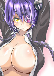 Rule 34 | 10s, 1girl, arms behind head, blush, breasts, collarbone, covered erect nipples, embarrassed, eyepatch, headgear, highres, huge breasts, kantai collection, large breasts, looking at viewer, no bra, open clothes, purple hair, sankakusui, sankakusui (artist), shiny skin, short hair, solo, solo focus, tenryuu (kancolle), uniform, wavy mouth, yellow eyes