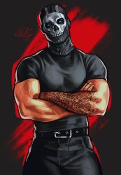 Rule 34 | 1boy, arm tattoo, artist name, bara, belt, black belt, black pants, black shirt, call of duty, call of duty: modern warfare 2, crossed arms, ghost (modern warfare 2), highres, looking to the side, male focus, mask, muscular, muscular male, pants, shirt, simple background, skull mask, solo, tattoo, veradia