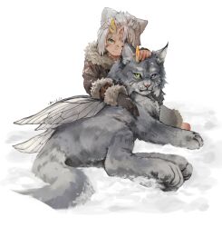 Rule 34 | 1boy, absurdres, animal, animal ears, animal hug, antlers, brown coat, brown gloves, cat boy, cat ears, closed mouth, coat, creature, dated, full body, fur-trimmed coat, fur-trimmed sleeves, fur collar, fur trim, gloves, green eyes, grey hair, highres, horns, insect wings, lirenans, long sleeves, looking at viewer, lynx, male focus, one eye closed, original, short hair, simple background, single horn, sitting, snow, solo, white background, wings