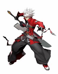 Rule 34 | 1boy, black pants, blazblue, blazblue: cross tag battle, full body, heterochromia, highres, higuchi konomi, jacket, male focus, official art, pants, ragna the bloodedge, red jacket, short hair, silver hair, simple background, solo, spiked hair, sword, weapon, white background