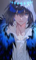 Rule 34 | 1boy, :|, alternate hair color, arthropod boy, black hair, blue eyes, blue theme, cloak, closed mouth, collared shirt, commentary, crown, diamond hairband, expressionless, fate/grand order, fate (series), fur-trimmed cloak, fur collar, fur trim, gradient background, highres, insect wings, light particles, long sleeves, male focus, medium hair, oberon (fate), oberon (third ascension) (fate), official alternate costume, shirt, solo, spoilers, twilightsea0214, upper body, white shirt, wings