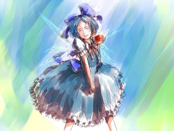 Rule 34 | 1girl, apple, cirno, closed eyes, daro, dress, food, fruit, holding, holding clothes, holding skirt, pinafore dress, sketch, skirt, skirt hold, sleeveless dress, smile, solo, touhou