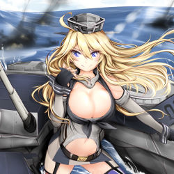 Rule 34 | &gt;:), 10s, 1girl, absurdres, belt, black gloves, blonde hair, breasts, cleavage, fingerless gloves, gloves, hair between eyes, hat, highres, iowa (kancolle), kantai collection, large breasts, long hair, looking at viewer, navel, smile, solo, v-shaped eyebrows, yuriwhale