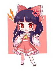 Rule 34 | 1girl, anger vein, ascot, black hair, blunt bangs, bow, detached sleeves, full body, hair bow, hair tubes, hakurei reimu, hand on own hip, highres, lightning bolt symbol, looking at viewer, medium hair, open mouth, red background, red bow, red eyes, red shirt, red skirt, ribbon-trimmed sleeves, ribbon trim, shirt, sidelocks, skirt, solo, touhou, toyomagorilla, white legwear, wide sleeves, yellow ascot