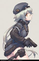 Rule 34 | 1girl, arigatoner, bandaid, bandaid on face, bandaid on nose, beret, black gloves, character name, cowboy shot, from side, fur-trimmed jacket, fur trim, girls&#039; frontline, gloves, grey background, grey hair, gun, handgun, hat, highres, holding, holding gun, holding weapon, holster, hs2000, hs2000 (girls&#039; frontline), jacket, long hair, looking at viewer, ponytail, profile, signature, simple background, solo, thigh holster, translation request, trigger discipline, very long hair, weapon, yellow eyes