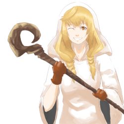Rule 34 | 1girl, artist request, blonde hair, drawfag, final fantasy, final fantasy tactics, gloves, hood, long hair, robe, smile, solo, source request, staff, weapon, white background, white mage, white mage (fft), white mage (final fantasy)