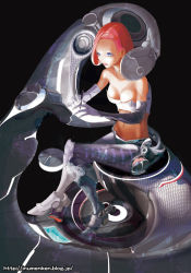 Rule 34 | 1girl, asymmetrical hair, bare shoulders, blue eyes, bra, breasts, chair, cleavage, collarbone, cyborg, elbow gloves, gloves, inumen inu, jot touch, crossed legs, midriff, navel, original, red hair, science fiction, short hair, sitting, small breasts, solo, speaker, strapless, strapless bra, stylus, touchscreen, underwear, watermark, web address, white gloves