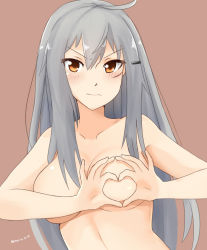 Rule 34 | 10s, 1girl, blush, breasts, brown background, closed mouth, cyka, dated, facial scar, gangut (kancolle), grey hair, heart, heart hands, kantai collection, large breasts, long hair, looking at viewer, orange hair, scar, scar on cheek, scar on face, simple background, solo, underwear