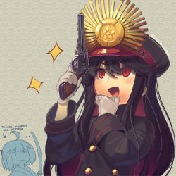 Rule 34 | ..., 2girls, :d, black hair, boa (brianoa), buttons, commentary, english commentary, english text, fate/grand order, fate (series), gloves, gun, hair between eyes, hand on own chin, hands up, hat, highres, holding, holding gun, holding weapon, jitome, katana, koha-ace, long hair, long sleeves, multiple girls, oda nobunaga (fate), oda nobunaga (koha-ace), oda uri, okita souji (fate), okita souji (koha-ace), open mouth, peaked cap, red eyes, seigaiha, sidelocks, sleeve cuffs, smile, sparkle, sword, trigger discipline, twitter username, v-shaped eyebrows, watermark, weapon, weapon request, white gloves
