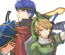 Rule 34 | 2boys, back-to-back, blonde hair, blue eyes, blue hair, cape, crossover, earrings, fighting stance, fire emblem, fire emblem: radiant dawn, grin, hat, headband, holding, holding sword, holding weapon, ike (fire emblem), jewelry, link, multiple boys, nikayu, nintendo, pointy ears, ready to draw, shield, shield on back, shoulder pads, simple background, smile, super smash bros., sword, the legend of zelda, the legend of zelda: twilight princess, weapon, weapon on back