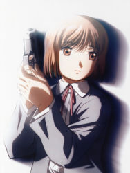 Rule 34 | 00s, 1girl, absurdres, blue jacket, bob cut, brown eyes, brown hair, finger on trigger, gun, gunslinger girl, handgun, henrietta (gunslinger girl), highres, holding, holding weapon, jacket, looking at viewer, pistol, red ribbon, ribbon, shirt, short sleeves, solo, upper body, weapon, white shirt