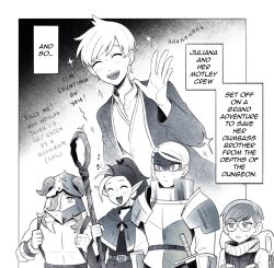 Rule 34 | 2boys, 3girls, ambrosia (dungeon meshi), armor, arven (pokemon), backpack, bag, belt, braid, brother and sister, capelet, chilchuck tims, chilchuck tims (cosplay), choker, comic panel redraw, commentary, cosplay, creatures (company), derivative work, dungeon meshi, elf, english commentary, english text, fake horns, falin touden, falin touden (cosplay), fingerless gloves, flat chest, florian (pokemon), game freak, glasses, gloves, hair over one eye, hands up, happy, helm, helmet, highres, holding, holding staff, horned headwear, horns, humming, inset, jacket, juliana (pokemon), laios touden, laios touden (cosplay), long hair, long sleeves, looking ahead, marcille donato, marcille donato (cosplay), multicolored hair, multiple boys, multiple girls, musical note, nemona (pokemon), nintendo, one eye covered, parody, pauldrons, penny (pokemon), plate armor, pointy ears, pokemon, pokemon sv, ponytail, scarf, senshi (dungeon meshi), senshi (dungeon meshi) (cosplay), shaded face, short hair, shoulder armor, siblings, side-by-side, side braid, single braid, sprout, staff, streaked hair, submashell, swept bangs, sword, two-tone hair, waving, weapon