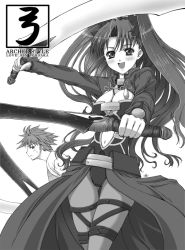 Rule 34 | 00s, 1girl, alternate costume, alternate hairstyle, armor, breastplate, dress, dual wielding, fate/stay night, fate (series), greyscale, holding, long hair, long sleeves, looking at viewer, monochrome, pantyhose, simple background, solo, standing, tohsaka rin, unsheathed, waistcoat, white background, yoshida inuhito