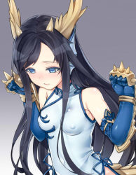 Rule 34 | 1girl, bad id, bad pixiv id, bare shoulders, black hair, blue eyes, blue gloves, breasts, china dress, chinese clothes, covered erect nipples, covered navel, dragon girl, dragon horns, dragon tail, dress, elbow gloves, fins, gloves, head fins, horns, karin (p&amp;d), long hair, medium breasts, puzzle &amp; dragons, solo, spiked knuckles, tail, tama (tamatamo), tears, very long hair