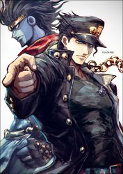 Rule 34 | 2boys, artist name, black hair, black headwear, black jacket, black shirt, blue eyes, blue skin, chain, clenched hand, closed mouth, collar chain (jewelry), colored skin, commentary request, earrings, gakuran, gloves, hat, jacket, jewelry, jojo no kimyou na bouken, k-suwabe, kujo jotaro&#039;s pose (jojo), kuujou joutarou, long sleeves, looking at viewer, male focus, multiple boys, muscular, muscular male, partial commentary, pointing, pointing at viewer, school uniform, shirt, short hair, simple background, stand (jojo), star platinum, stardust crusaders, triangle print, upper body, white background