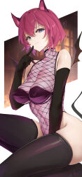 Rule 34 | 1girl, animal ear fluff, animal ears, artist name, bare shoulders, black gloves, black thighhighs, blue eyes, blurry, blurry background, bob cut, breasts, cat ears, cleavage, closed mouth, commentary request, covered collarbone, covered navel, demon girl, demon tail, demon wings, elbow gloves, finger to mouth, fishnet leotard, from below, gloves, hair between eyes, heart, heattech leotard, highleg, highleg leotard, highres, index finger raised, large breasts, leotard, linea alba, looking at viewer, night, no shoes, original, pink hair, pink leotard, raised eyebrow, see-through, see-through leotard, signature, sitting, sleeveless turtleneck leotard, smile, solo, tail, thighhighs, thighs, turtleneck, white background, window, wings, won (az hybrid)