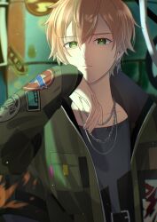 Rule 34 | 1boy, absurdres, blonde hair, blurry, blurry background, chain, chain necklace, closed mouth, commentary, earrings, green eyes, hair between eyes, highres, jacket, jewelry, long sleeves, male focus, multicolored hair, necklace, open clothes, open jacket, orange hair, project sekai, shinonome akito, short hair, solo, streaked hair, upper body, yk62