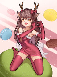 Rule 34 | 1girl, absurdres, ahri (league of legends), antlers, bad id, bad pixiv id, bow, breasts, brown hair, dduck kong, elbow gloves, fang, food, gloves, heart, heart hands, highres, horns, large breasts, league of legends, long hair, looking at viewer, macaron, open mouth, red bow, red thighhighs, smile, solo, thighhighs