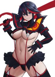 Rule 34 | 1girl, absurdres, black hair, blue eyes, breasts, closed mouth, gloves, groin, hand on own hip, highres, holding, holding sword, holding weapon, horns, kill la kill, large breasts, matoi ryuuko, microskirt, mori makoto, multicolored hair, navel, red hair, red horns, revealing clothes, scissor blade (kill la kill), senketsu, short hair, skirt, smile, solo, stomach, suspenders, sword, thighhighs, thighs, two-tone hair, weapon