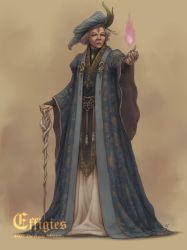Rule 34 | 1girl, absurdres, commentary, fantasy, forehead jewel, full body, hat, hat feather, highres, magic, nishi, old, old woman, original, robe, short hair, simple background, solo, staff, wide sleeves