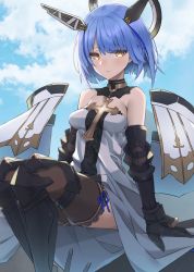 Rule 34 | 1girl, arm guards, arm warmers, armored boots, ashisi, azur lane, blue hair, boots, breasts, cloud, cross, day, elbow pads, gascogne (azur lane), hair ornament, halo, highres, knee pads, looking at viewer, mechanical halo, short hair, sitting, sky, solo, yellow eyes