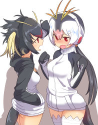 Rule 34 | 10s, 2girls, black hair, blush, breasts, commentary request, cowboy shot, eye contact, hair between eyes, hand in pocket, headphones, highres, jacket, kemono friends, legs together, long hair, looking at another, medium breasts, multicolored hair, multiple girls, open mouth, pink hair, red eyes, red hair, rockhopper penguin (kemono friends), royal penguin (kemono friends), shadow, short hair, standing, sumiyao (amam), sweatdrop, thighhighs, twintails, white hair, white legwear