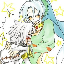 Rule 34 | 0chaton0, 1boy, 1girl, blue hair, blush, breast smother, grune (tales), hetero, jewelry, senel coolidge, smile, star (symbol), starry background, surprised, tales of (series), tales of legendia, white background, white hair