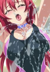 Rule 34 | 1girl, breasts, cleavage, closed eyes, highres, large breasts, long hair, naruse mio, open mouth, red hair, shinmai maou no testament, sideboob, stitched, swimsuit, third-party edit, water