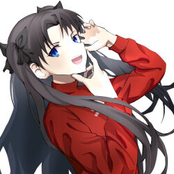 Rule 34 | 1girl, black hair, blue eyes, commentary, fate (series), long hair, long sleeves, looking at viewer, open mouth, red shirt, shirt, sidelocks, simple background, solo, teeth, tohsaka rin, ttumupen, upper body, upper teeth only, white background