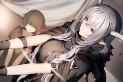 Rule 34 | 1girl, arknights, arm belt, arm strap, black cape, black shirt, breasts, brown eyes, cape, closed mouth, dutch angle, genyaky, gloves, grey hair, horns, jewelry, large breasts, long hair, necklace, official art, pointy ears, shining (arknights), shirt, smile, solo focus, torn cape, torn clothes