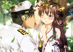 Rule 34 | 10s, 1boy, 1girl, admiral (kancolle), ahoge, arm behind head, licking armpit, bare shoulders, blush, brown hair, detached sleeves, hairband, hat, highres, japanese clothes, kantai collection, kongou (kancolle), kuroame (kurinohana), licking, long hair, making-of available, military, military uniform, nontraditional miko, one eye closed, uniform