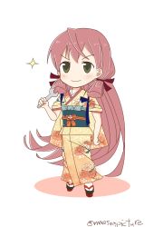 Rule 34 | 10s, 1girl, akashi (kancolle), green eyes, hair ribbon, highres, japanese clothes, kantai collection, kimono, long hair, looking at viewer, mae (maesanpicture), pink hair, ribbon, simple background, smile, solo, sparkle, tress ribbon, twintails, wrench