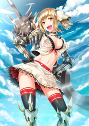 Rule 34 | 1girl, :d, armor, armored boots, bad id, bad pixiv id, blonde hair, boots, breasts, choker, cleavage, cloud, contrapposto, day, fang, frills, from below, gauntlets, greaves, hands on own hips, huge weapon, large breasts, lens flare, looking at viewer, looking down, midriff, multicolored clothes, multicolored legwear, navel, open mouth, original, panties, pantyshot, pauldrons, petticoat, pink panties, short hair, shoulder armor, sidelocks, skirt, sky, smile, solo, standing, striped, sword, teeth, thighhighs, twintails, underwear, weapon, white panties, yellow eyes, yukikaze (aaassszzz)