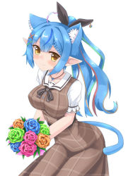 Rule 34 | 1girl, ahoge, animal ear fluff, animal ears, black bow, black ribbon, blouse, blue flower, blue hair, blue rose, blush, bouquet, bow, braid, braided bangs, breasts, brown dress, brown eyes, brown hair, brown rose, cat ears, cat girl, cat tail, collarbone, dress, flower, fuyuki8208, green flower, green hair, green rose, hair between eyes, hair ornament, hair ribbon, hairclip, heart, heart ahoge, highres, holding, holding bouquet, hololive, long hair, medium breasts, multicolored hair, plaid, plaid dress, pointy ears, ponytail, puffy short sleeves, puffy sleeves, purple flower, purple rose, ribbon, rose, shirt, short sleeves, simple background, sleeveless, sleeveless dress, solo, streaked hair, tail, very long hair, virtual youtuber, white background, white shirt, x hair ornament, yukihana lamy, yukihana lamy (casual)