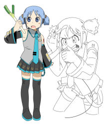 Rule 34 | 1girl, aqua necktie, black footwear, black skirt, blue eyes, blue hair, boots, cosplay, cube hair ornament, detached sleeves, food, full body, grey shirt, hair ornament, hatsune miku, hatsune miku (cosplay), highres, holding, holding food, holding spring onion, holding vegetable, lineart, looking to the side, multiple views, naganohara mio, nakakiwaz, necktie, nichijou, pleated skirt, shirt, short twintails, shoulder tattoo, skirt, sleeveless, sleeveless shirt, spring onion, tattoo, thigh boots, twintails, vegetable, vocaloid