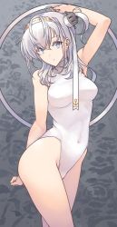 Rule 34 | 1girl, athletic leotard, clothes writing, commentary request, covered navel, cowboy shot, floral background, grey background, hachimaki, headband, headgear, hoop, kantai collection, leotard, long hair, looking at viewer, nakadori (movgnsk), one side up, silver hair, sleeveless, solo, standing, suzutsuki (kancolle), turtleneck, white headband, white leotard