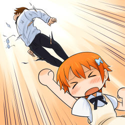 Rule 34 | &gt; &lt;, blush, chibi, clenched hand, clenched hands, denden, closed eyes, glasses, hair ornament, hairpin, inami mahiru, orange hair, punching, raised fist, short hair, takanashi souta, torn clothes, uppercut, waitress, working!!