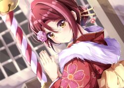 Rule 34 | 1girl, absurdres, highres, hoijin, japanese clothes, kimono, looking at viewer, love live!, love live! sunshine!!, new year, outdoors, red hair, sakurauchi riko, smile, solo, yellow eyes