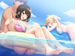 Rule 34 | 2girls, barefoot, bikini, black hair, blonde hair, blue eyes, blush, breast press, breasts, breath, cleavage, cloud, day, embarrassed, feet, fingering, floating, highres, innertube, kyokon no ani, namaiki de do-m na imouto to ichaicha suru+, large breasts, legs, long hair, looking at another, lying, medium hair, multiple girls, ocean, on stomach, open mouth, original, outdoors, partially submerged, red eyes, sawada yuusuke, side ponytail, sky, swim ring, swimsuit, thighs, toes, water