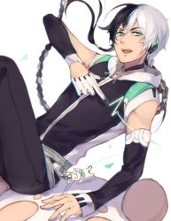 Rule 34 | 1boy, artist request, braid, detached sleeves, gloves, green eyes, half gloves, headphones, highres, hood, hoodie, male focus, multicolored hair, piano print, pointing, sitting, sleeveless, sleeveless hoodie, smile, solo, two-tone hair, vocaloid, vocanese, yuezheng longya